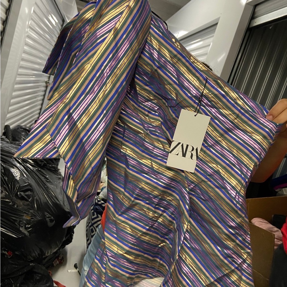 Zara Men's Shirt with Purple and Gold Stripes